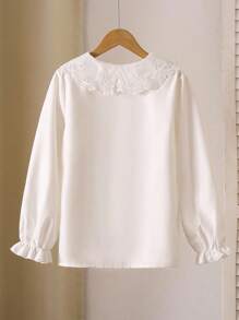 Sparklyn بلوزة كم طويل خصر فتيات مراهقات بأكمام منفوخة وطرز مجسم محبوك على الياقة بتصميم بسيط وعصري بلون واحد