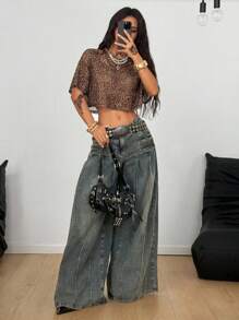 Coolane Tricou scurt transparent cu imprimeu leopard pentru femei, cu model de concerte de vară, rave, festivaluri, ieșiri în oraș, târg renascentist, Y2K