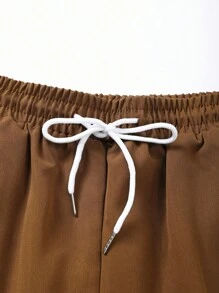 Manfinity Swimmode 2pcs Men's Plant Print Shirt & Solid Color Shorts Beach Outfit - Brown - View 6