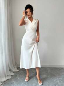 Chiquease Váy trơn cổ không tay thanh lịch, màu trơn, Xuân/Hè - Màu be - Xem 6