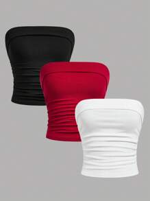 SHEIN Girlism Set de 3 blusas sin mangas de punto acanalado ajustadas con pliegues en los lados, de estilo minimalista y todo a juego para niña preadolescente, en blanco, negro y burdeos. Blusas a juego para madre e hija sin tirantes.
