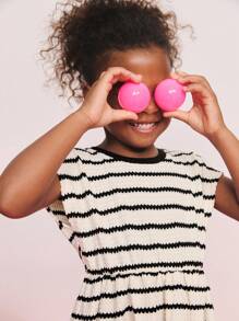 SHEIN Young Girl Simple Comfortable Fitted Casual Round Neck Contrast Stripe Waist Midi Dress ,Back To School Season, Christmas - Black and White - View 4