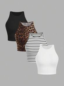 SHEIN EZwear Bộ 4 áo ba lỗ nữ thường ngày, họa tiết kẻ sọc và da báo, áo ôm vừa vặn đa năng, thích hợp mặc ở sân bay, trở lại trường, áo mùa hè - Nhiều màu - Xem 13