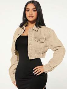SHEIN SXY Women's Long Sleeve Single-Breasted Casual Loose Short Denim Jacket - Apricot - View 6
