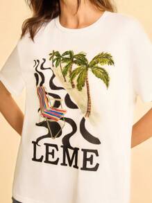 CAJUNI Camiseta de mujer con estampado de árbol de coco para vacaciones en la playa - Blanco - Ver 1