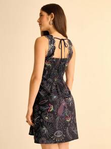 CAJUNI Women's Black Boho Tropical Coconut Tree Parrot Floral Plant Print Vacation Casual Beach Mini Dress - Multicolor - View 2
