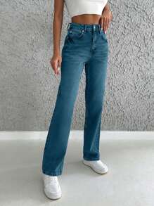 SHEIN Cottnline Solid Color Pockets Casual Straight Leg Jeans - Teal Blue - View 4