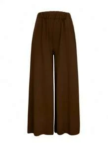 INAWLY Women Plain Color Casual Loose Fashion Wide Leg Pants Fall Cloth For Women - Coffee Brown - View 3