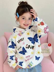 Elladie kids 1 件女童可爱蝴蝶花朵字母印花连帽运动衫，适合年轻女孩春秋季的时尚休闲上衣 - 彩色 - 查看 1