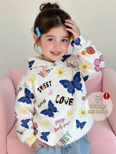 Elladie kids 1 st söt flicktröja med fjärils- och blommönster, snygg och avslappnad topp för unga flickor vår/höst