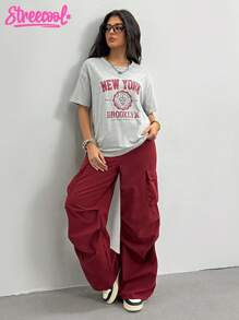 2件套青少年女孩夏季休闲字母印花圆领短袖T恤和工装裤套装 - 酒紅色 - 查看 5