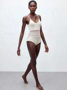 Maija 女士纯色镂空设计性感吊带背心连体裤 - 杏色 - 查看 3