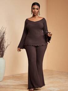 Veslaya 2025 春夏新款非洲度假女装，露肩休闲度假优雅海岛度假派对鸡尾酒通勤日常穿着，纯棕色高弹纹理上衣和松紧腰喇叭裤两件套，加大码 - 棕色 - 查看 2