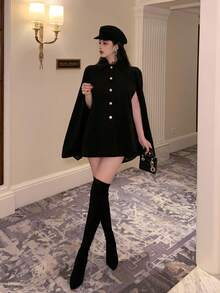 DAZY 女士加大码加厚羊毛披肩外套，复古优雅高端秋冬斗篷夹克 - 黑色 - 查看 13