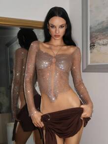 EgrlEra 女士水钻渔网短款上衣，适合酒吧、派对、音乐节 - 棕色 - 查看 4