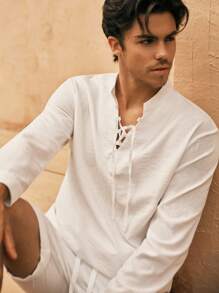 Mainfolk 2pcs Set Men Casual Woven Tie Hem Long Sleeve Shirt & Shorts Solid Color Outfit - White - View 6