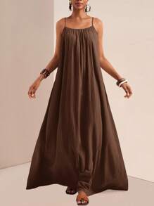 Zivah 2025 年夏季新品 音乐节、复活节、圣帕特里克节、西部风格、游牧风格、生日派对、毕业季、学生、日常休闲装、百搭百搭、休闲、度假、邮轮旅行、海滩、日光浴、社交媒体流行 可调节肩带无袖连衣裙、垂直纹理、宽松版型、卡其色女装 - 咖啡 - 查看 2