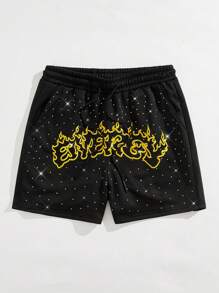 ROMWE MEN Street Life Shorts casuales de verano para hombre con bordado de letras con pedrería brillante