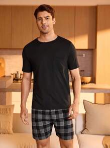 Men Solid Tee & Plaid Print Shorts PJ Set / Pajama Set - Multicolor - View 3