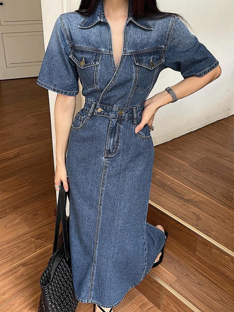 Casual Washed Denim Turndown Collar Women's Denim Dress, Summer Sundress Maxi Dress