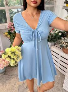 SHEIN EZwear 大码女式情人节浅蓝色V领扭纹连衣裙 - 淺藍色 - 查看 3