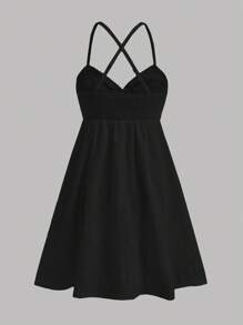 Girlism 少女纹理雪纺褶饰镂空扭纹细肩带无袖 A 字连衣裙，休闲/度假，春夏 - 黑色 - 查看 2