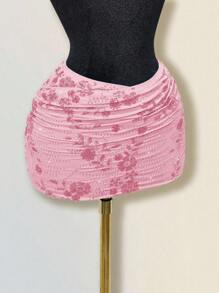 Sweetina Women's Sequin Embroidery Overlap Ruched Bodycon Skirt Pink Skirt - Pink - View 2