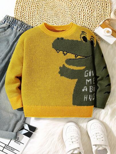 Kids Young Boy Green Cartoon Animal Pattern Round Neck Warm Knit Cute Sweater For Parties, Birthday Wear Fall Winter