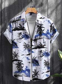 Manfinity RSRT 植物印花前扣休闲短袖衬衫，夏季 - 彩色 - 查看 3