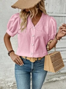 Breezaya Vacation Leisure Solid Color Lace Patchwork Bubble Sleeve Shirt - Pink - View 6