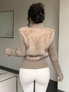 DAZY Thick Knitted Faux Fur Patchwork High Collar Zip-Up Cardigan Jacket For Women, Autumn/Winter