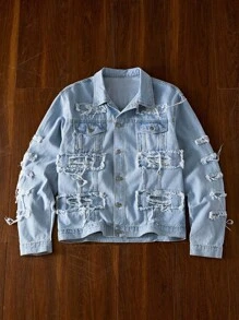 Manfinity VCAY Áo sơ mi denim nam tay dài, cài khuy đơn giản, phong cách giản dị, đồ đôi - Màu xanh lam - Xem 1