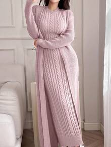 Feyla 2pcs/Set Women Elegant Solid Color Stand Collar Cable Sleeveless Dress And Long Sleeve Cardigan Set 2 Pieces Set In Fall/Winter - Pink - View 3