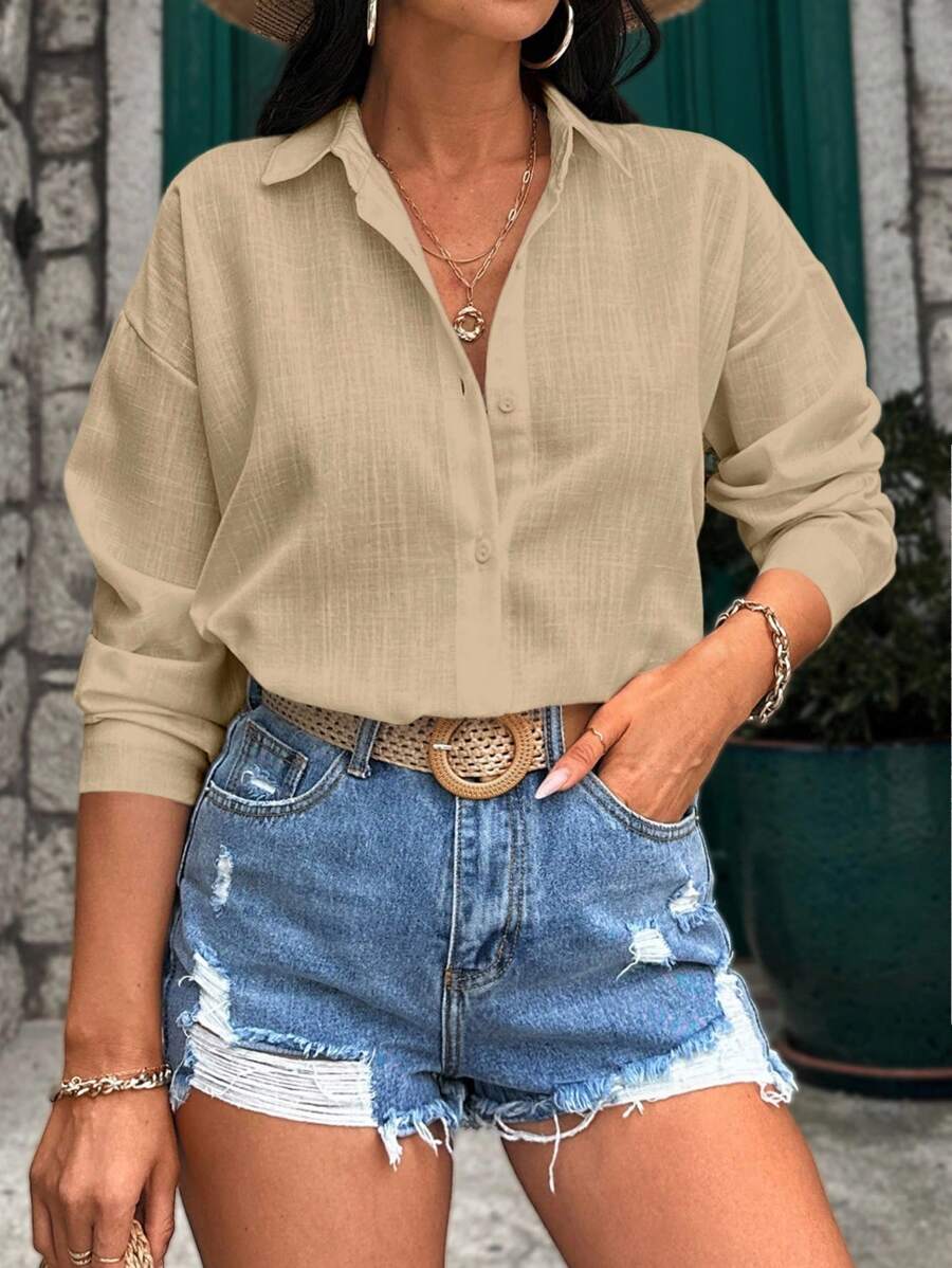 EURMUSE Blouse With Curved Hem, Drop Shoulder, Buttoned Shirt, Linen Fabric - Beige - View 1
