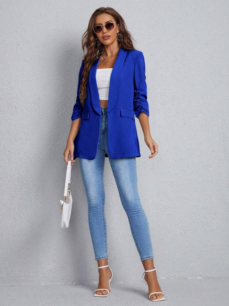 Women's Casual Commute Scoop Neck Faux Pocket Turnover Detail Suit Jacket - Navy Blue - View 3