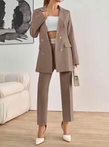 EURMUSE Women's Solid Color Double-Breasted Blazer & Pants Suit Set - Mocha Brown - View 6