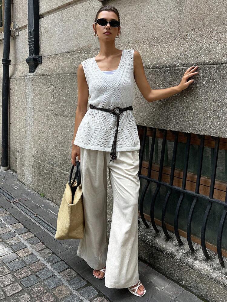 Women's Mesh Hollow Out Sleeveless Loose V-Neck Solid Color Knitted Camisole, Spring/Summer