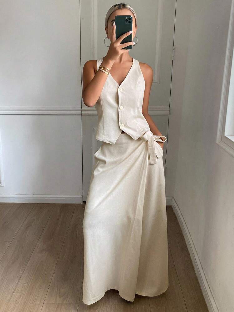 2pcs Women Solid Color Fitted Sleeveless Vest And Asymmetric Hem Skirt Casual Suit Set, Autumn