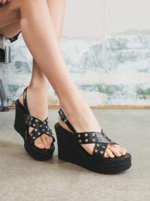 Sugerpunk Giày sandal đế xuồng đế dày cho nữ, mũi tròn, đế dây thừng dệt màu đen, quai chéo hở mũi mùa hè, dép sandal đinh tán thời trang đi nghỉ - màu đen - Xem 3