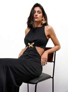 Maija Women's Black Summer Seksi Chic Night Out Waist Hollow Butterfly Metal Decor Bodycon Sleeveless Dress,Chic Urban Style Music Festival Midi Dress - Black - View 3