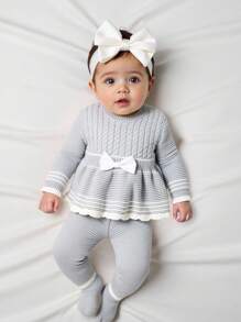 SHEIN 2pcs/Set Baby Girl Apricot Casual Minimalist Bow Round Neck Sweater And Leggings Set Baby Girl Knitted Outfits Baby Girl Grey Outfit Baby Girl Clothes With Bow Knit Two Piece Toddler Baby Girl Sweater And Leggings Set Fall Winter - Light Grey - View 3