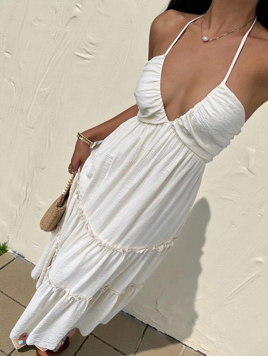 SHEIN EZwear Women's Spring/Summer Rayon Bamboo Knit Bohemian Beach Dress, Shirred Pleated Bust, Tiered Skirt Design, A-Line Silhouette, Backless With Tie-Up Halter Neck And Bow Closure - Apricot - View 1