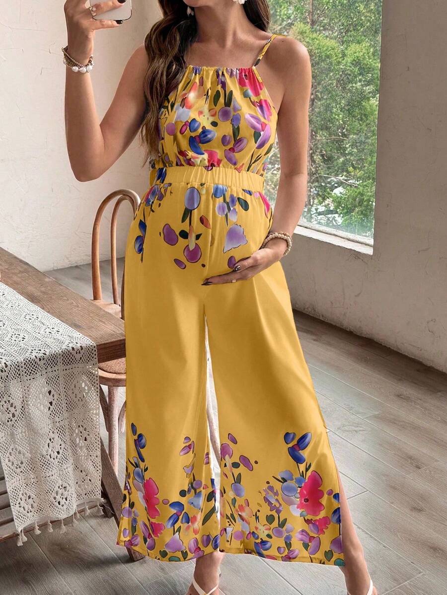 SHEIN 不对称印花长肩带孕妇连体裤 - 黃色 - 查看 1