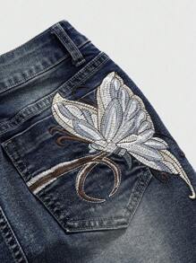 ROMWE Fairycore Y2K 风格蝴蝶刺绣性感低腰紧身迷你裙 - 深色水洗藍 - 查看 3