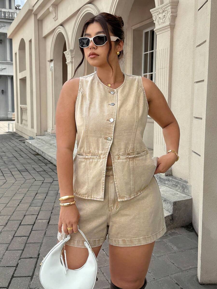 EMERY ROSE Quần short denim thường ngày cỡ lớn cho nữ, phong cách phương Tây - Màu Khaki - Xem 1