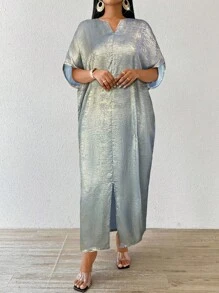 SHEIN Lady 2025 New Holiday Dresses Four Season/Wedding Guest/Church Attire/Prom Dress/Gold Skirt/Dinner Outfit/Gold Women's Satin Jacquard Front Slit Dress, Casual Party Elegant - Gray Blue - View 3