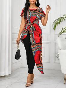 SHEIN Lady Áo sơ mi nữ cổ tròn tay ngắn, viền xoắn bất đối xứng, in họa tiết - Nhiều màu - Xem 4