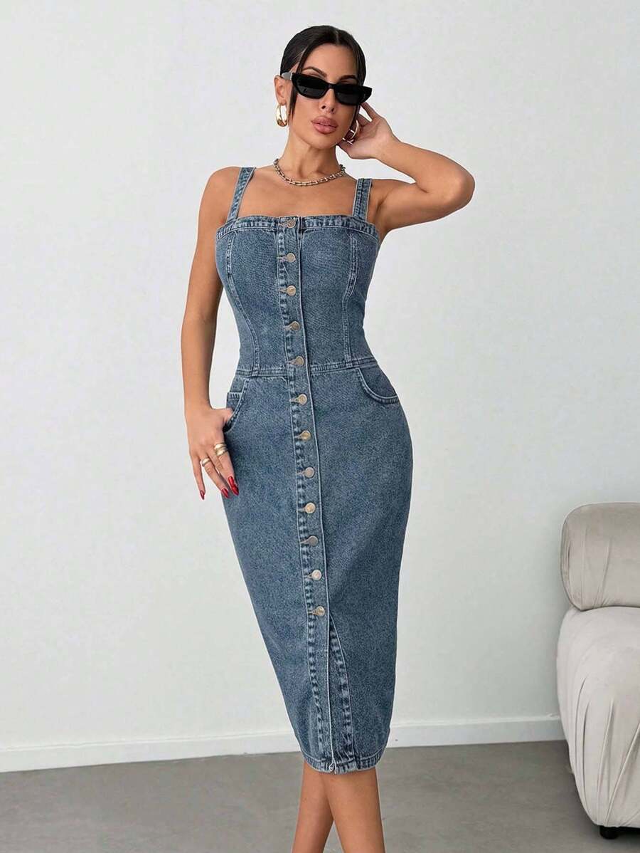 EURMUSE Slant Pocket Button Front Overall Denim Midi Dress - Light Wash - View 1