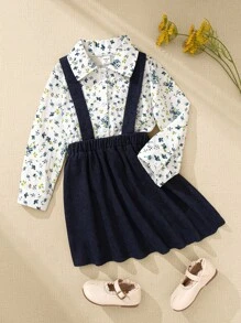 Souflis Souflis Girls 4-7 Years Vintage French Country Style 2pcs Set: Floral Textured Chiffon Shirt + Corduroy Suspender Skirt, Autumn Toddler Girl Outfit Set Girls Floral Print Shirt And Suspender Skirt Set 2pcs Toddler Girl Dress Set Little Girl Fall Outfits Baby Girl Corduroy Overall Dress 2 Piece Toddler Girl Clothes Little Girl Dressy Outfits Winter