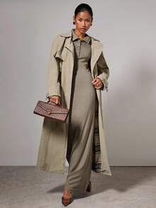 COSMINA Women's Solid Color Waist Pocket Casual Long Sleeve Trench Coat In Fall/Winter - Khaki - View 7